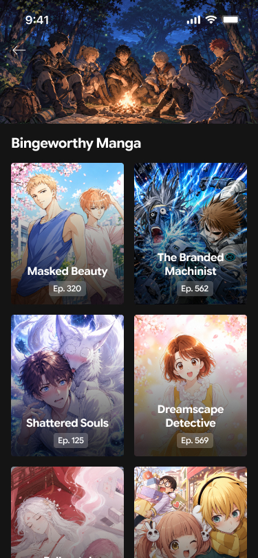 Arcana manga list screen